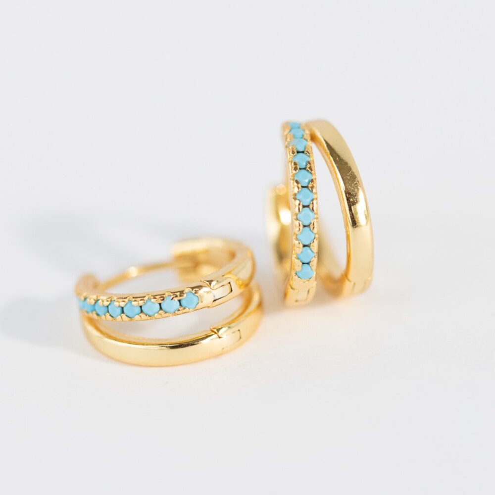 Double Huggie Earrings Blue Cubic Zirconia 18K Gold on Sterling Silver PRETTY